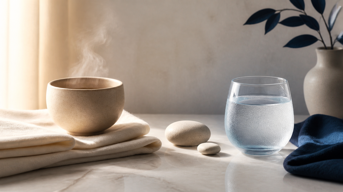 Warm tea and cool water representing warmth and cooling