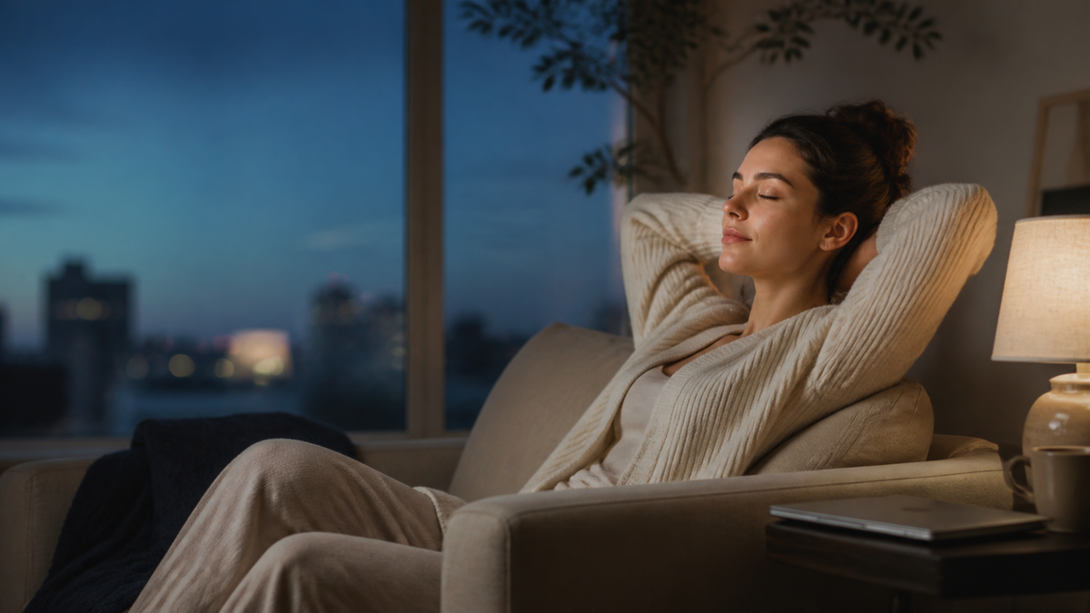 Woman relaxing at home after a screen-heavy day